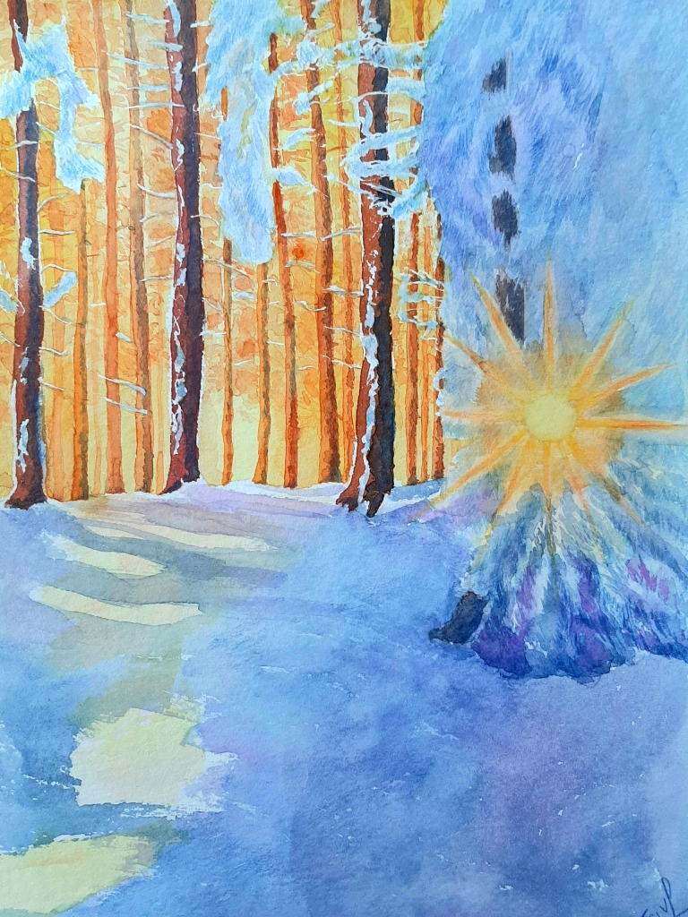 'Sunset in the winter forest' , watercolor on paper, 30 x 40