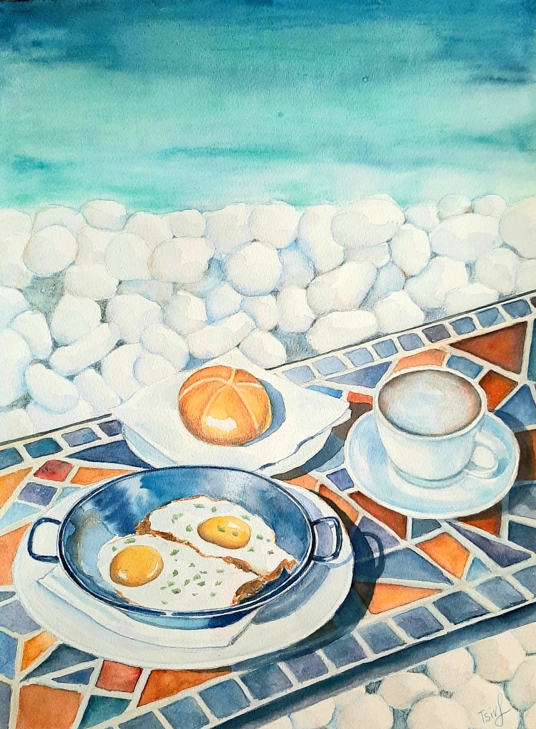 'Breakfast', watercolor on paper, 40 x 30