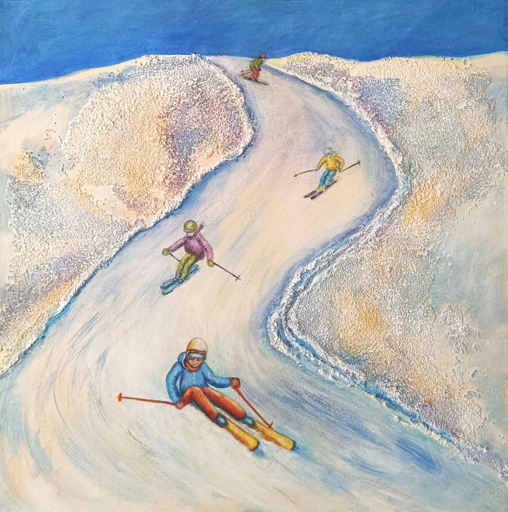 'Skiing', acrylic on canvas, 50 x 50