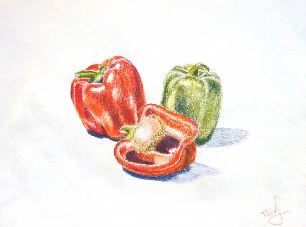 'The peppers', coloured pencils on paper, 30 x 40