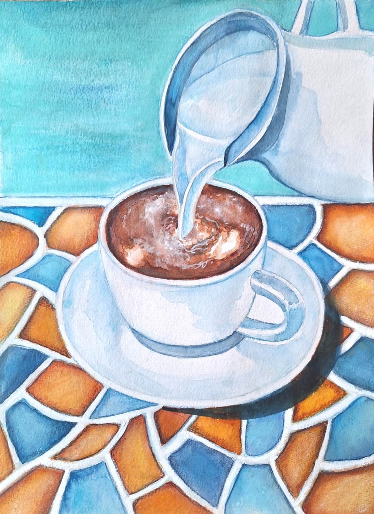 'Time for coffee', watercolor on paper, 24 x 30