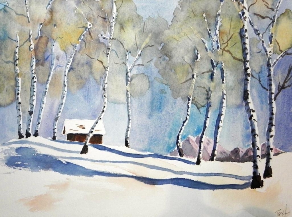 ''Birches in winter''', watercolor on paper, 30 x 40