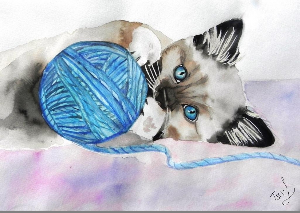 'Cat with woolen balls', watercolour on paper, 25 x 30
