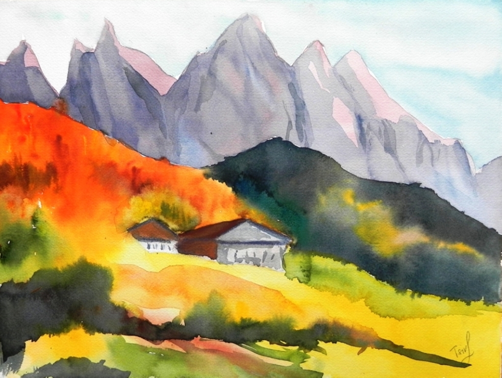 'The alpine hut', watercolor on paper, 30 x 40