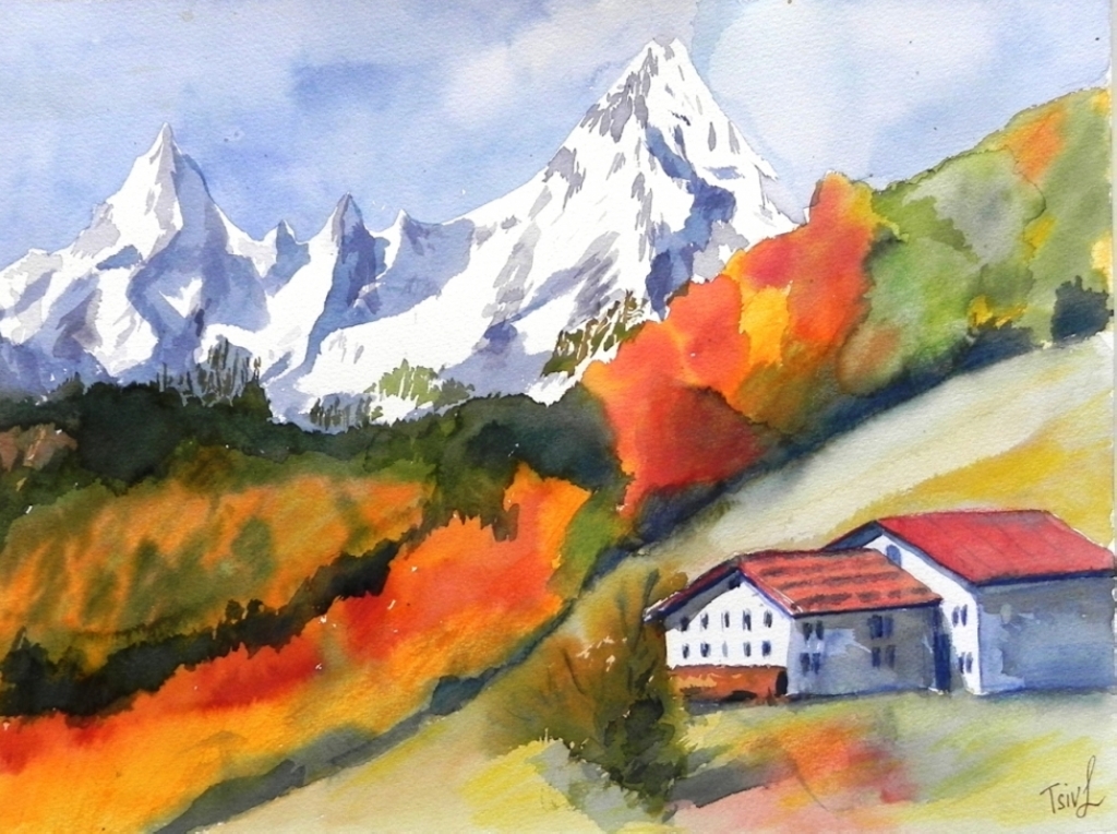 'The hut in the mountains', watercolor on paper, 30 x 40