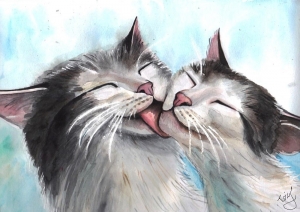 "Die Katzenliebe", Aquarell auf Papier  ca. 30 x 40