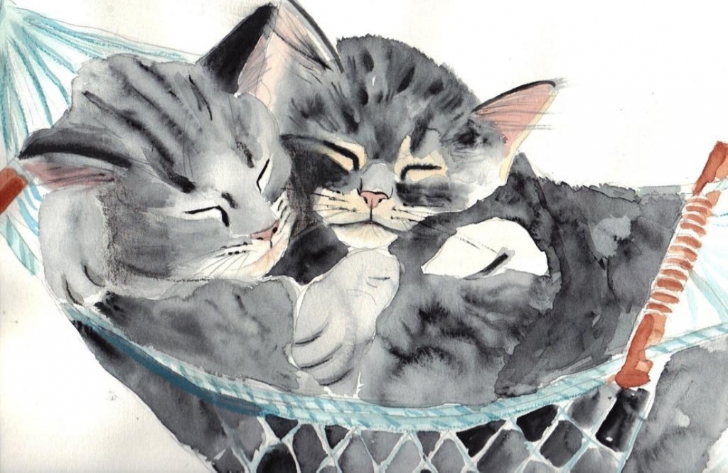 'Sleeping kittens', watercolour on paper, 25 x 30