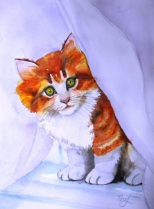 "The little red cat", watercolour on paper,  24 x 30